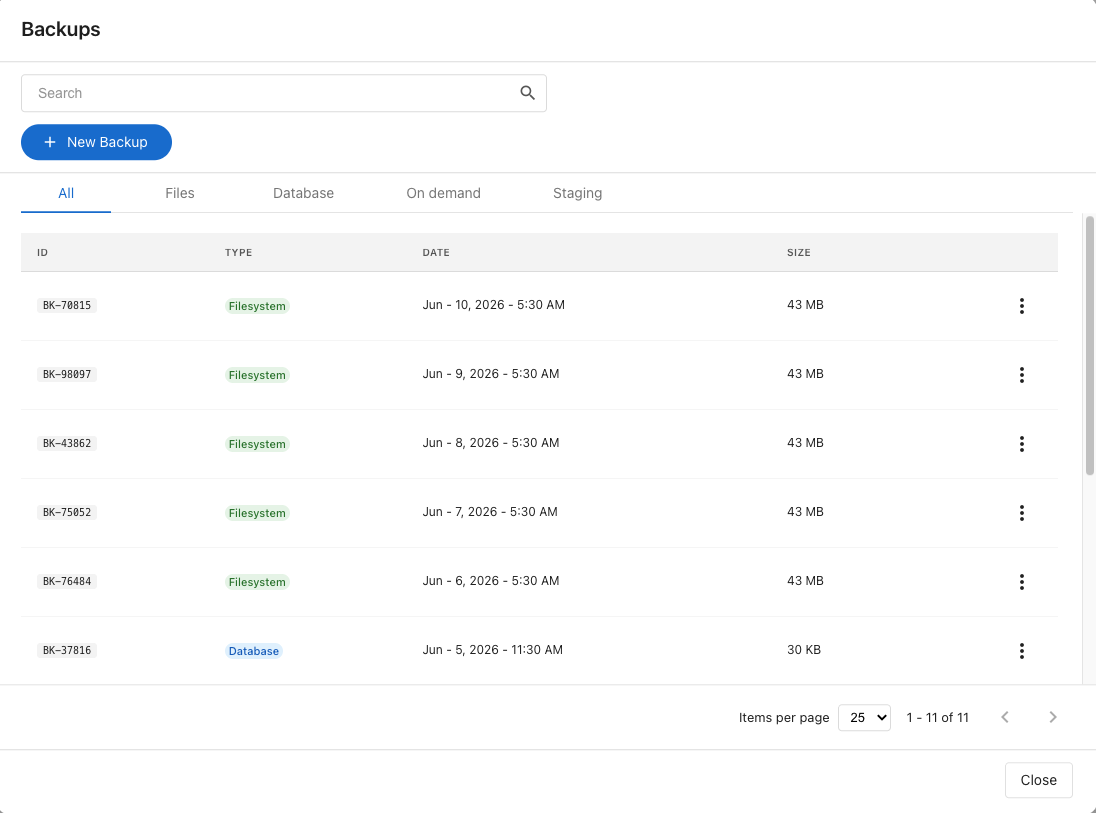 Backups panel with backup list, filter tabs, and search