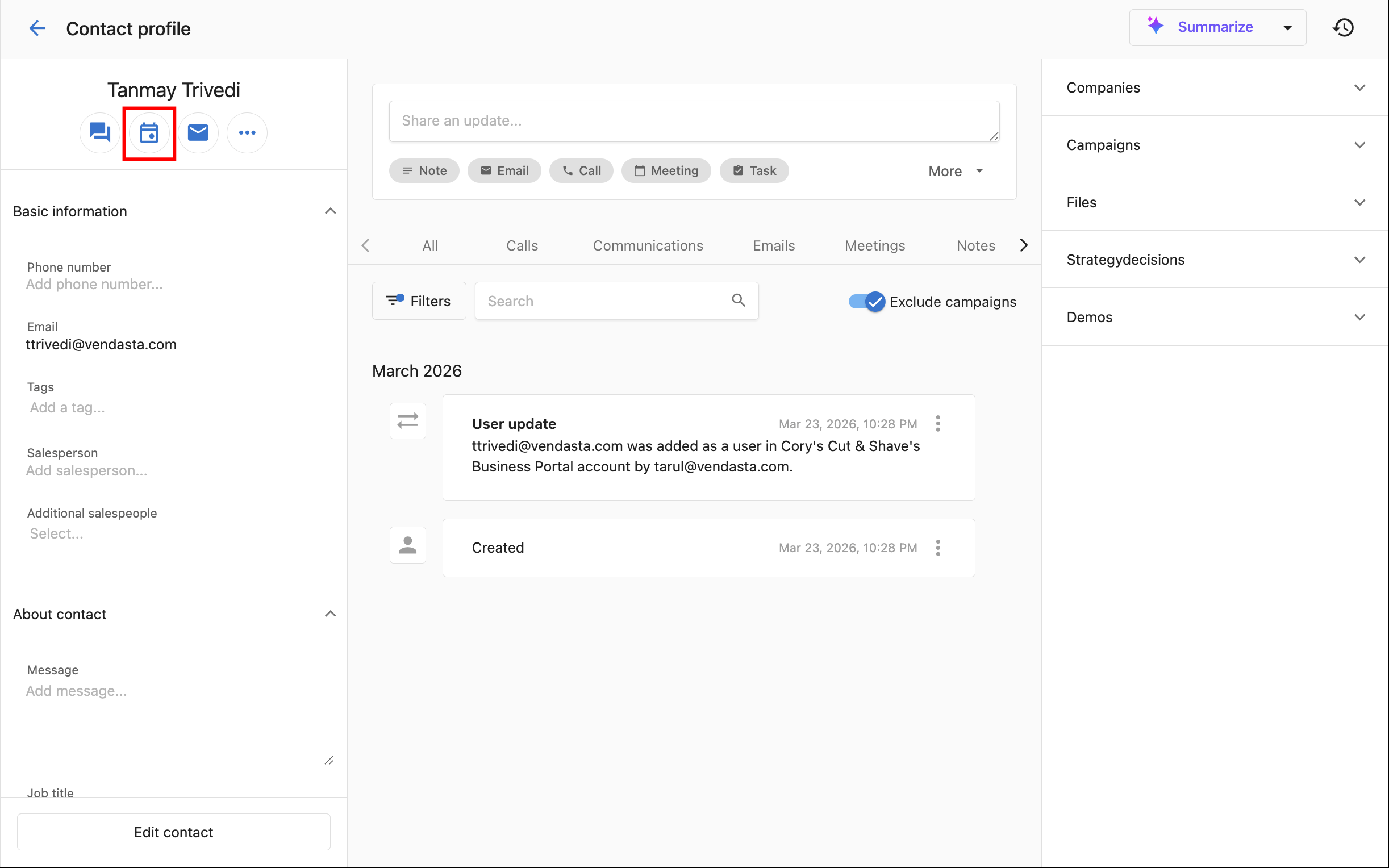 Book a meeting button on CRM contact profile
