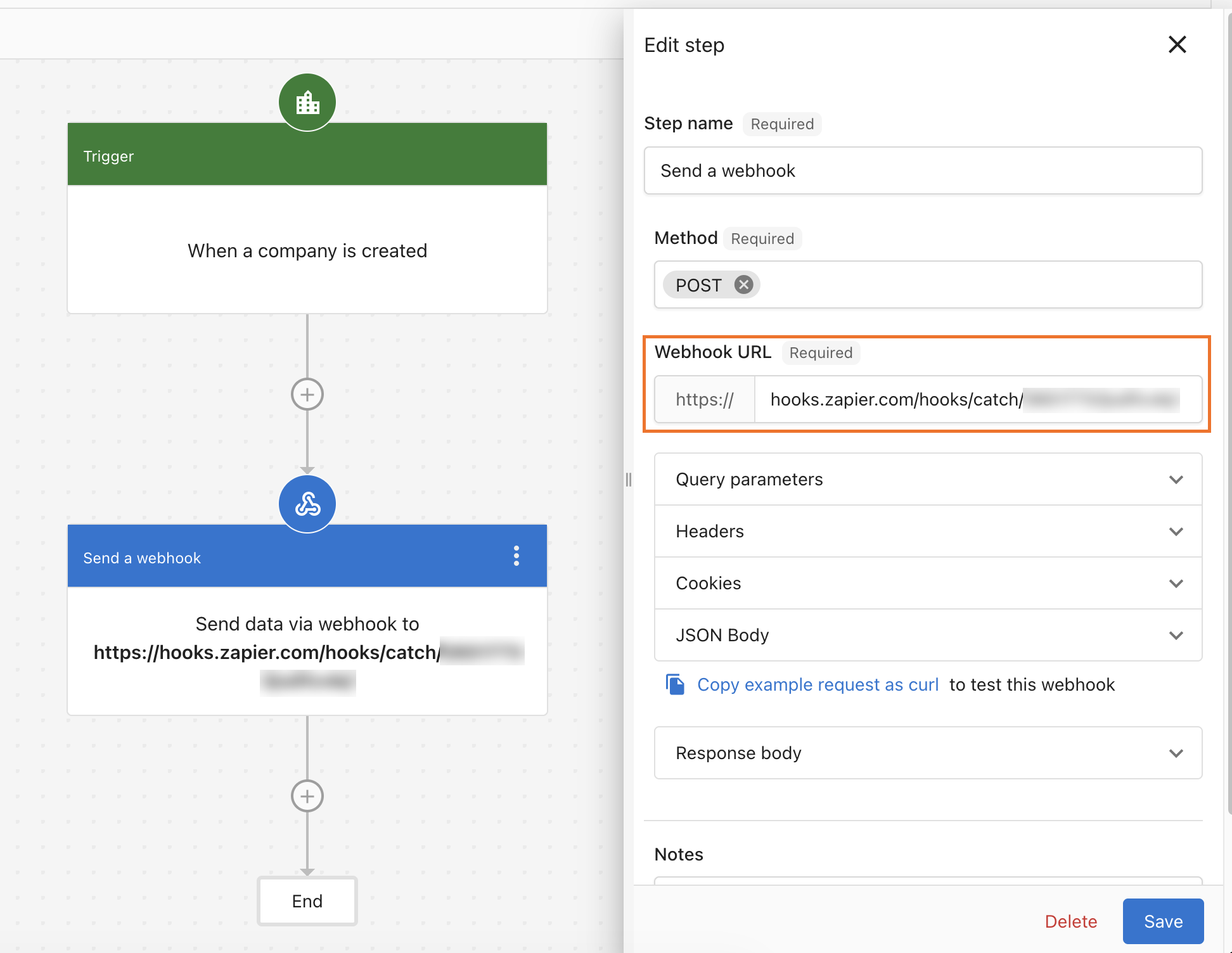 Send a webhook step configuration in Business App showing the Zapier webhook URL pasted into the Webhook URL field
