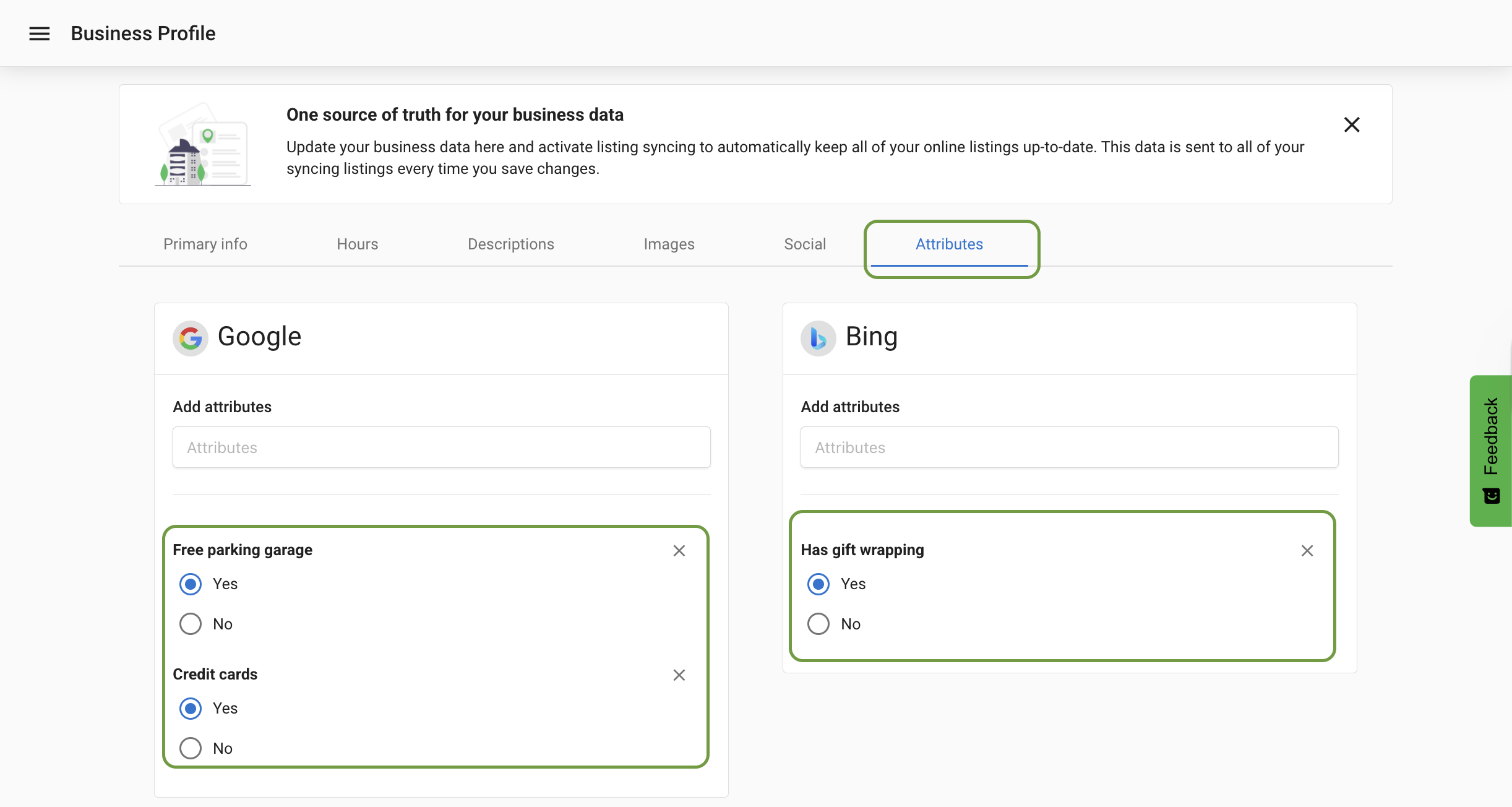 Business Profile More tab showing category-specific attributes