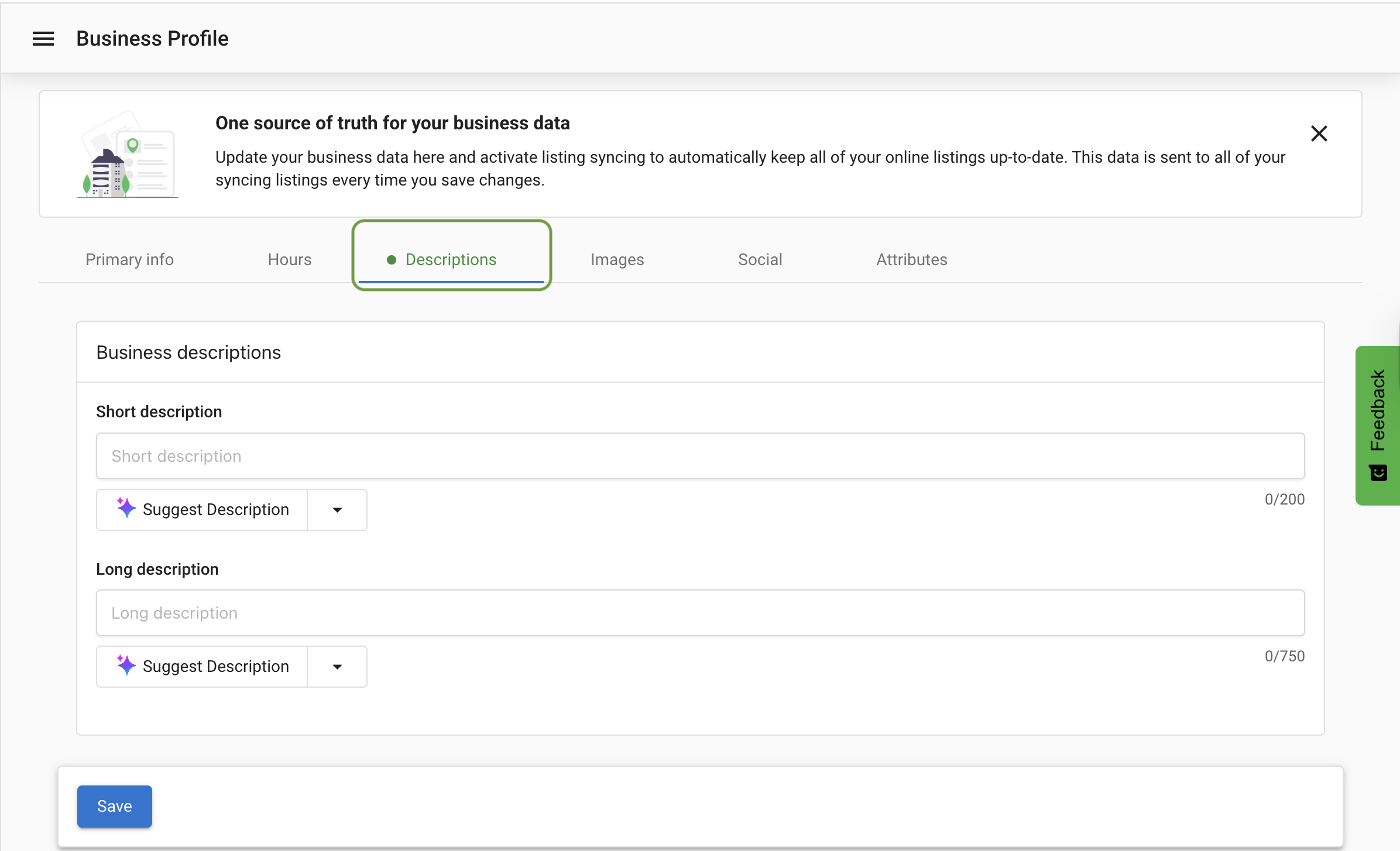 Business Profile descriptions tab