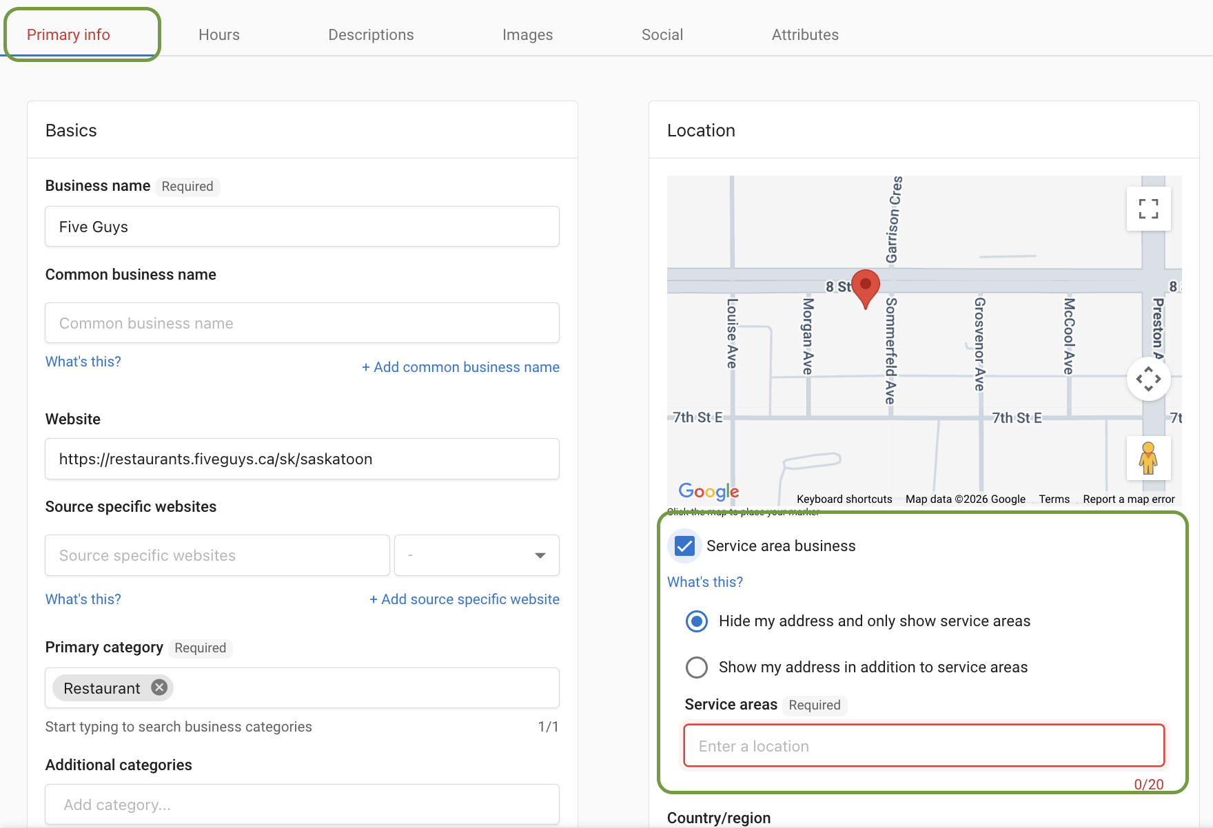 Service Area Business option during account creation