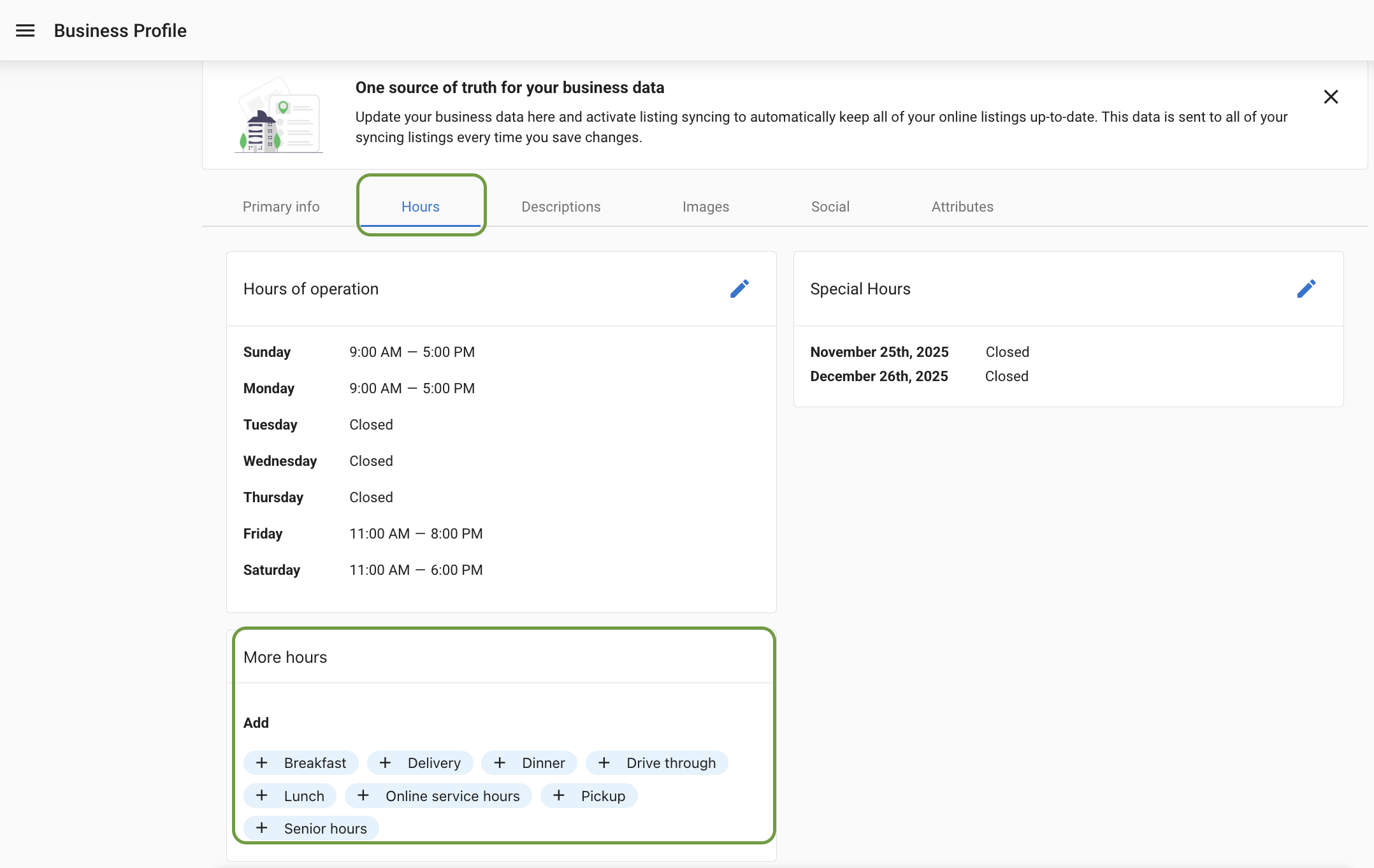 More Hours options within Hours tab