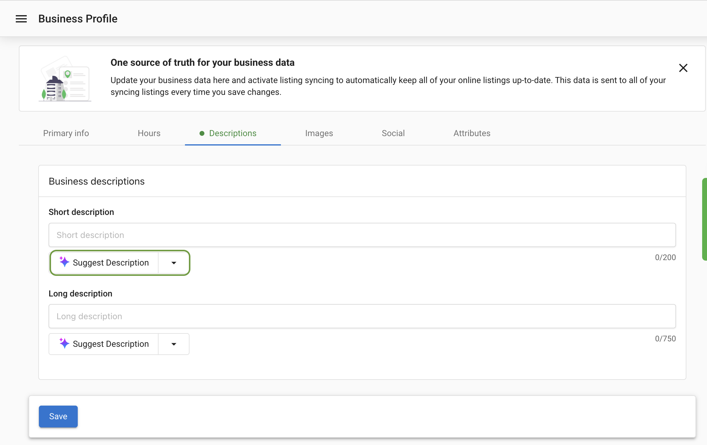 Suggest Description button in descriptions tab