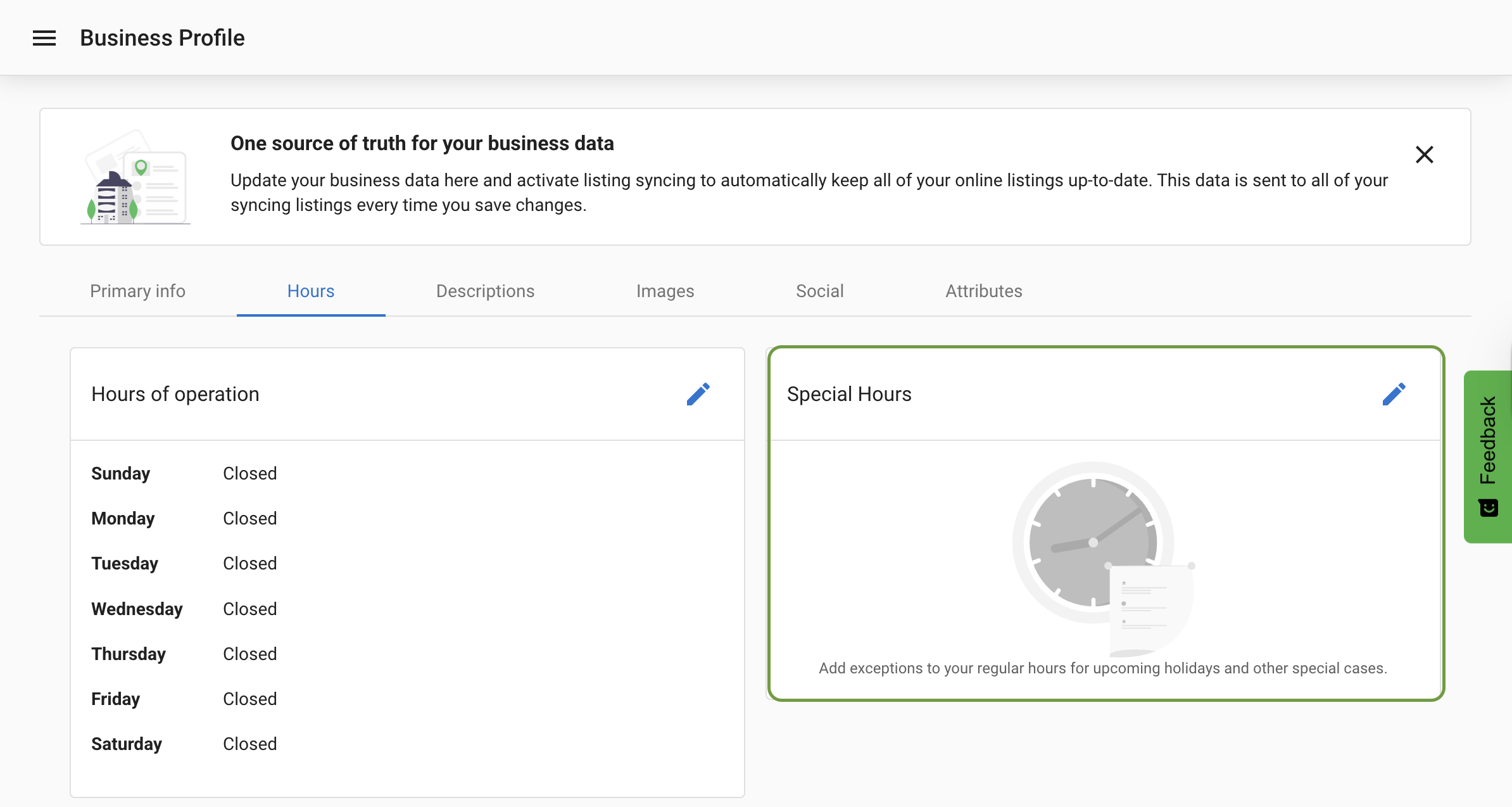 Business Profile Hours tab showing Special Hours