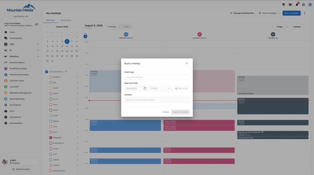 Booking dialog opened from an empty calendar slot