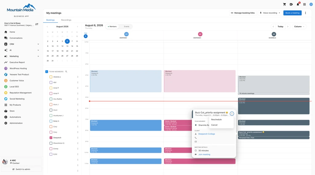Event detail panel showing full booking information