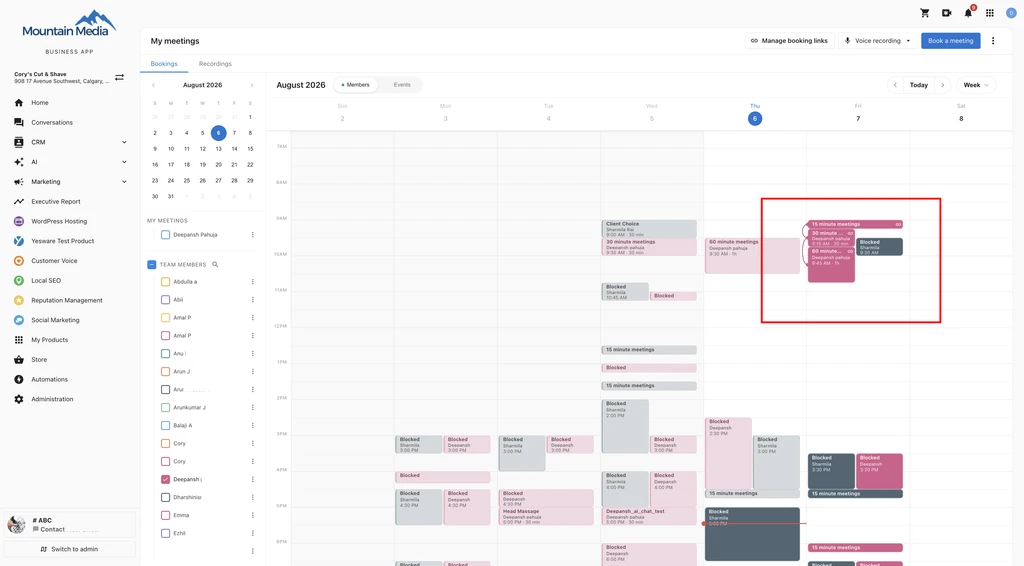 Detail panel showing linked services in one appointment