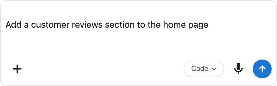 The Vibe chat input with a sample prompt typed in, showing the image, mode, microphone, and send controls