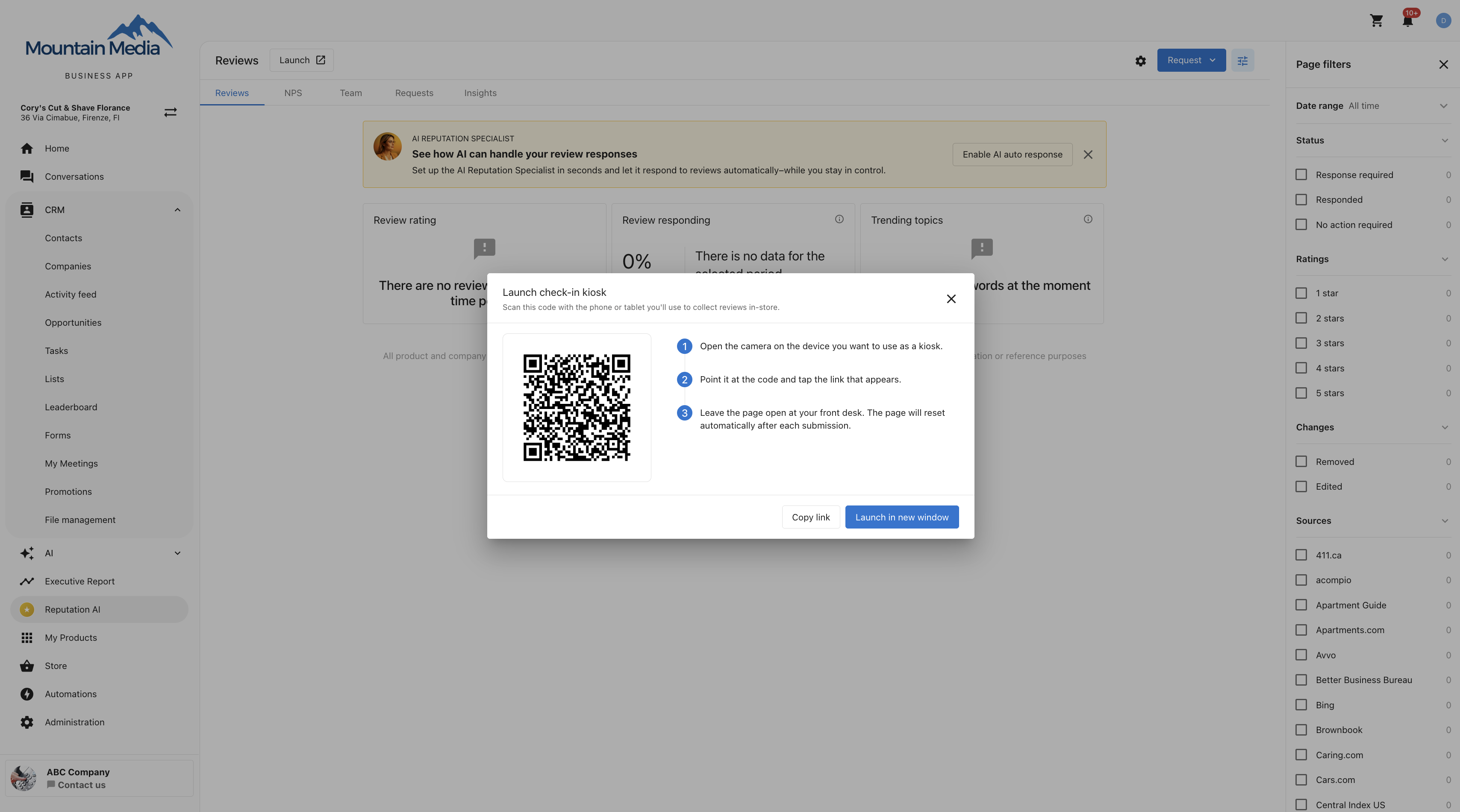 The Launch check-in kiosk panel with a QR code, Copy link, and Launch in new window options