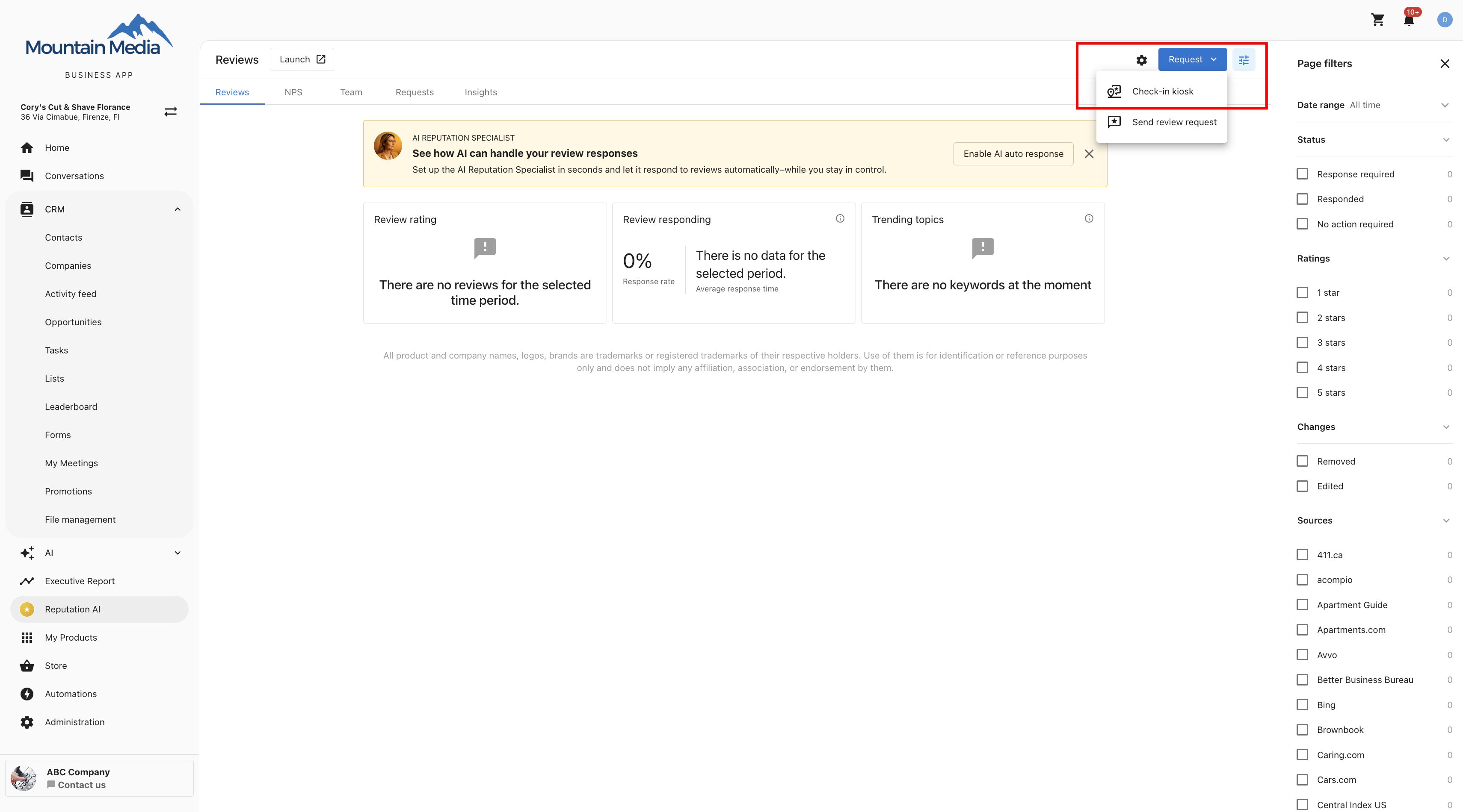 The Reviews page Request menu with the Check-in kiosk option highlighted