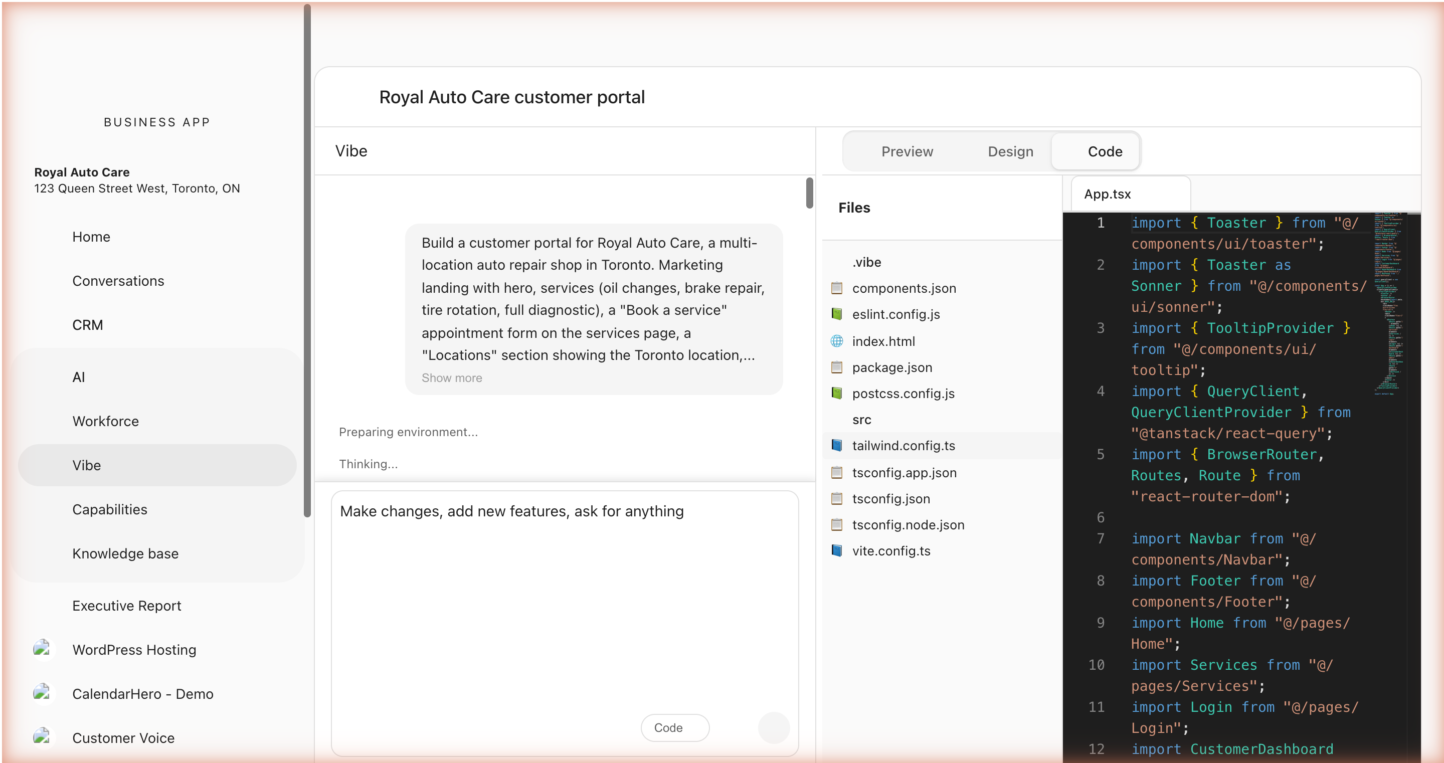 Code mode with the file tree open and App.tsx loaded in the editor