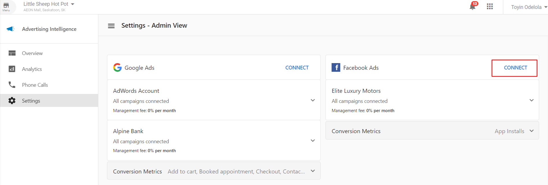 Screenshot showing how to connect Facebook Ad accounts