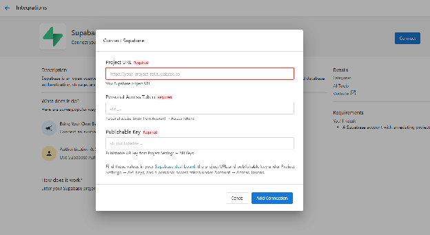 Connect Supabase dialog in Business App with fields for Project URL, Personal Access Token, and Publishable Key