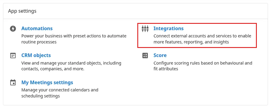 App settings page with the Integrations tile highlighted