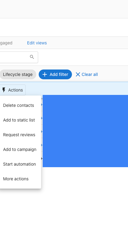 Contacts table with Actions menu open showing Add to campaign option