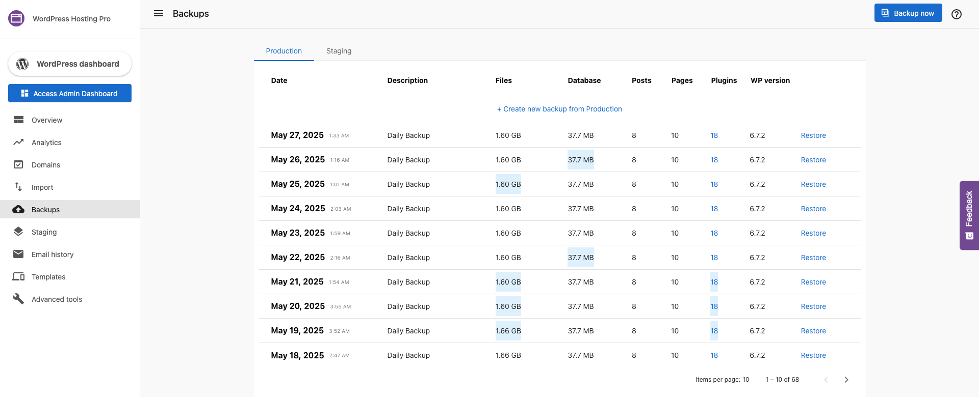 Create a new backup button in the Backups tab