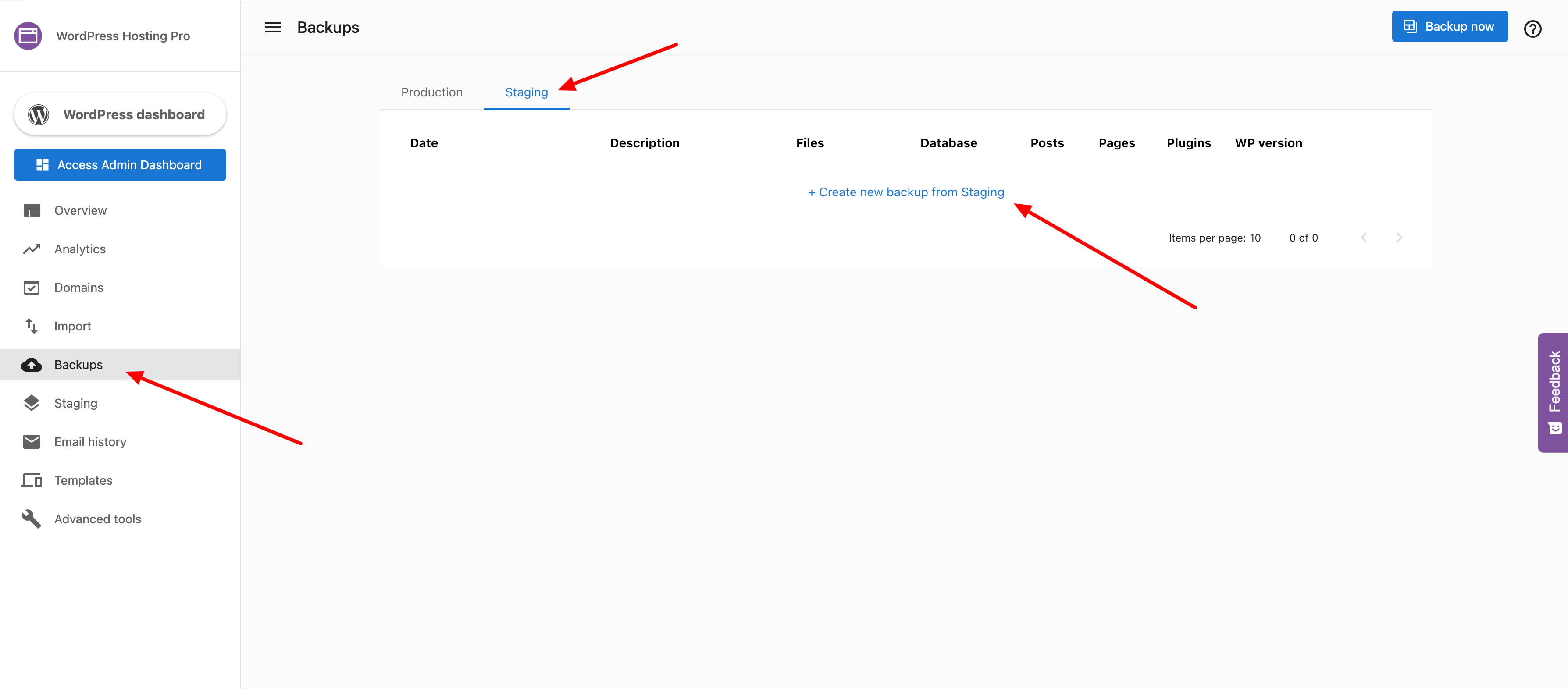 The Backups tab in WordPress Hosting staging environment