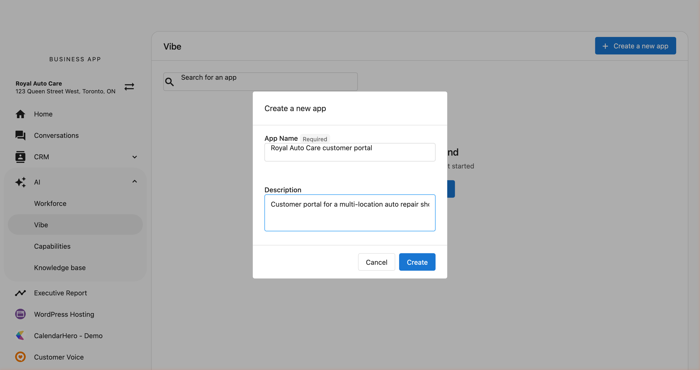 Create a new app dialog with the App Name and Description fields filled in