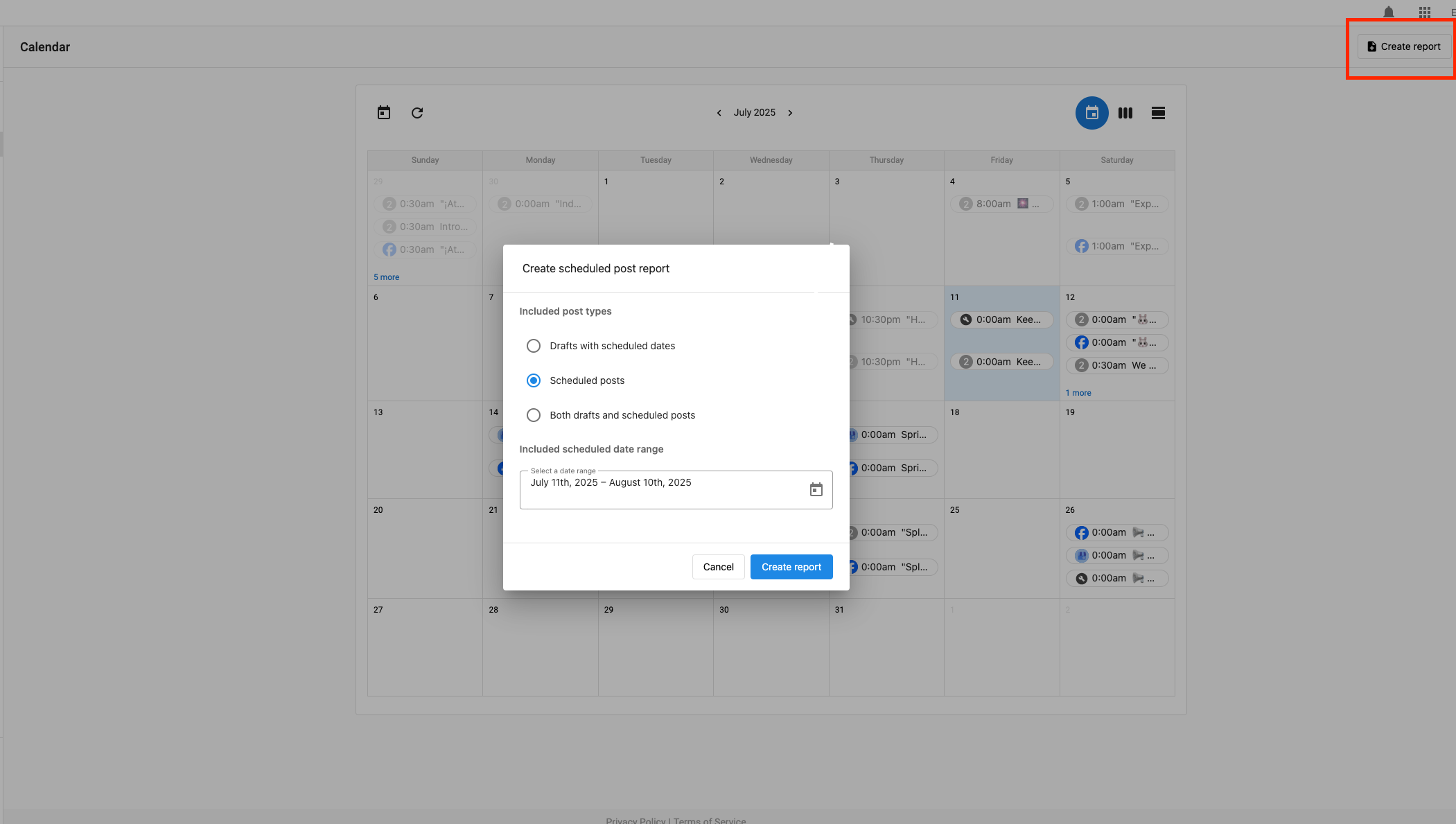 Create a calendar report link