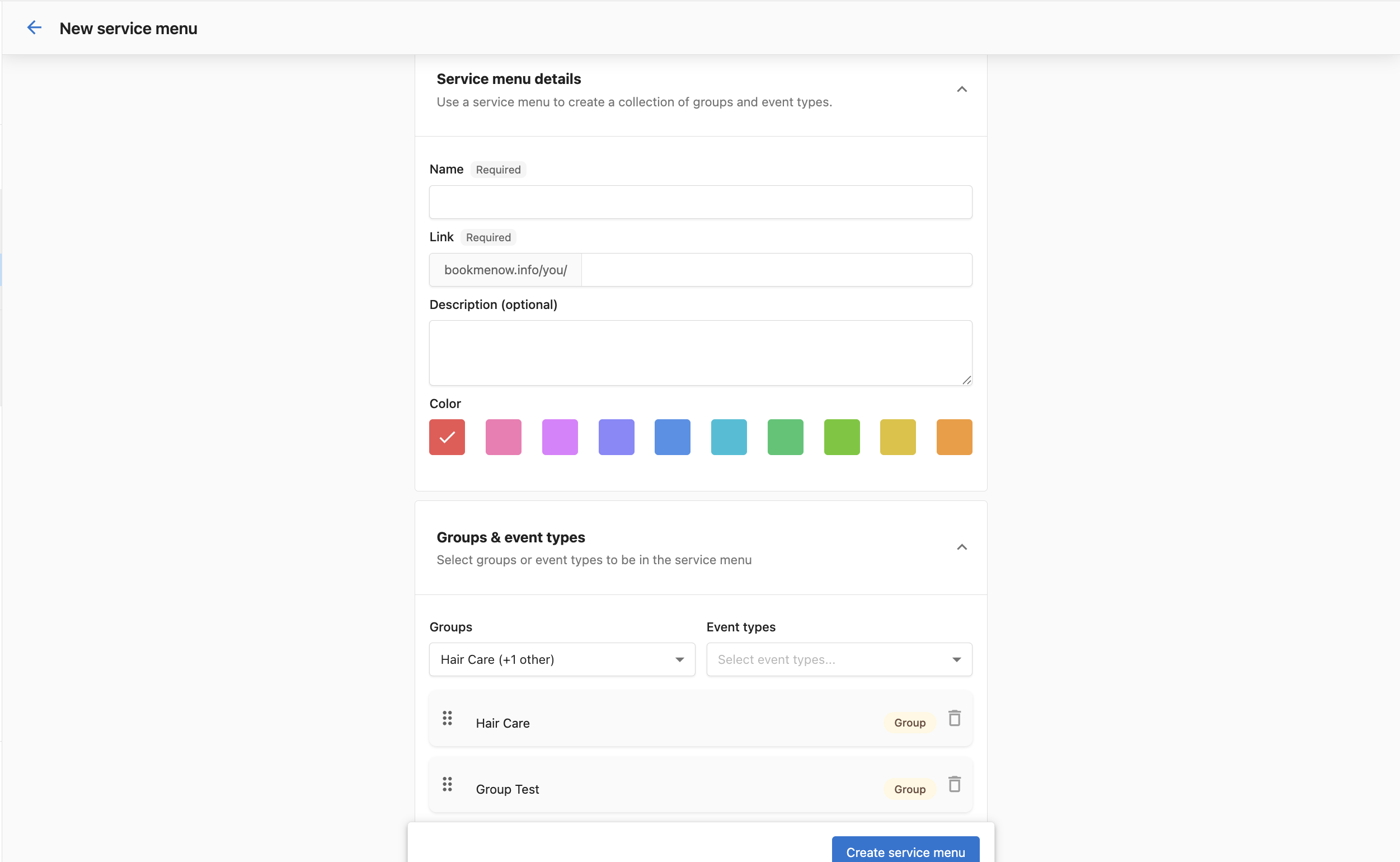 New service menu creation form