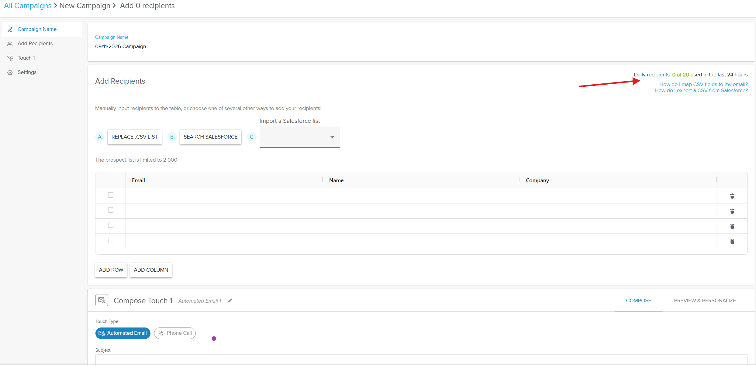 The remaining-cap counter shown while adding recipients to a campaign