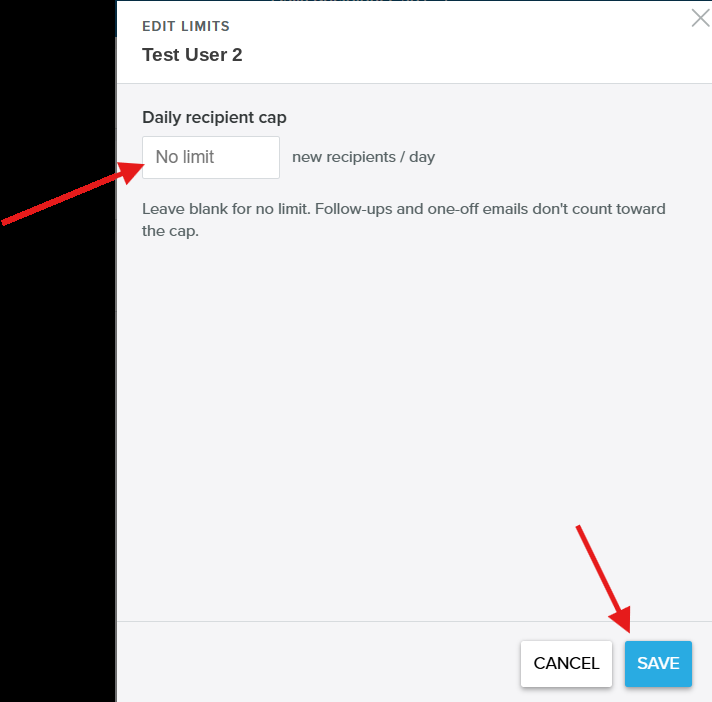 The Edit Limits modal where a Team Leader sets a member's daily recipient cap in new recipients per day