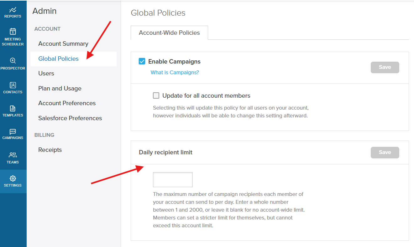 The account-wide Daily recipient limit field on the Global Policies page