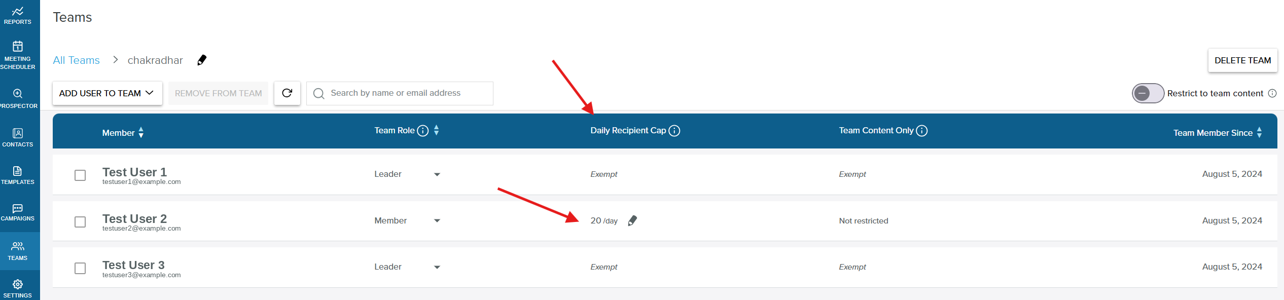 A saved per-member daily recipient cap of 20 per day shown in the Teams view column