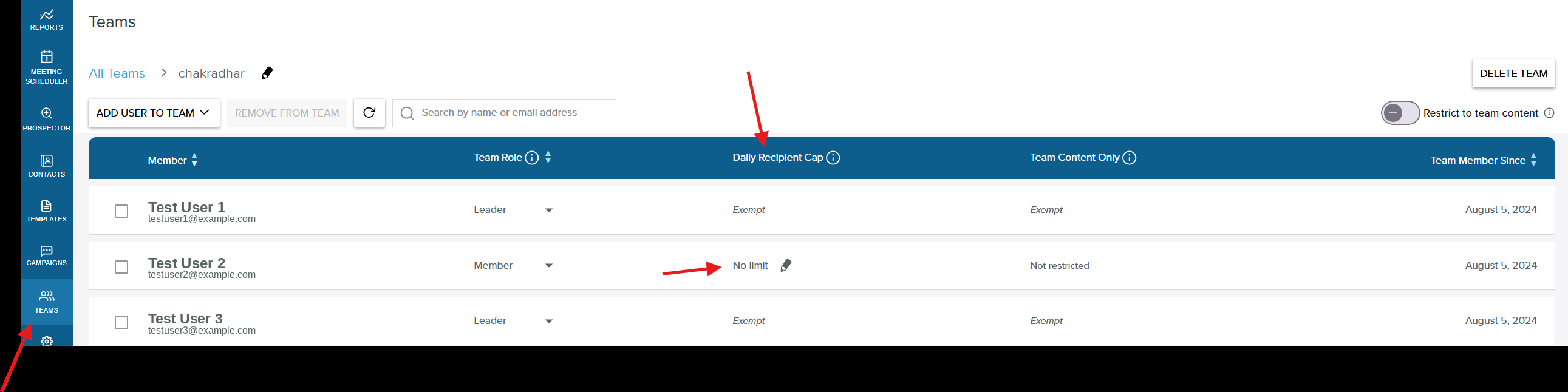 The Daily Recipient Cap column in the Teams view, showing a member with No limit and an edit pencil, and Team Leaders as Exempt