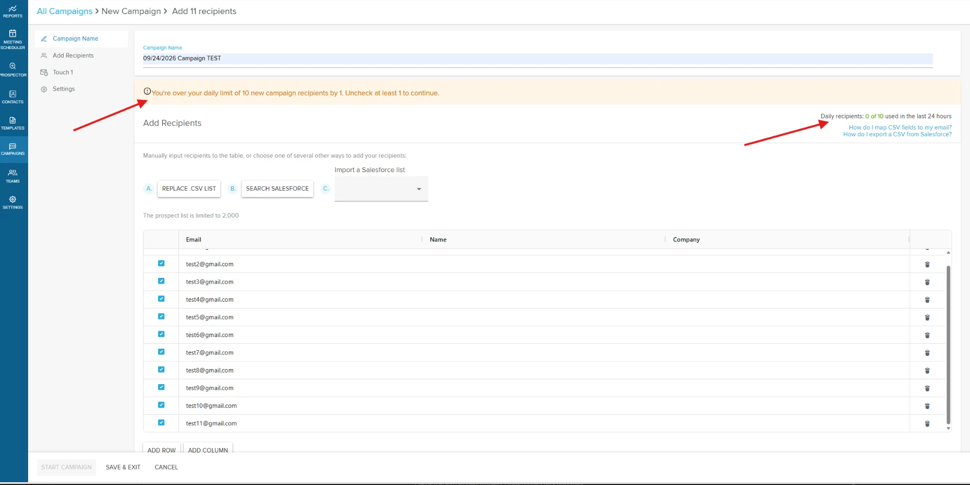 A warning prompting the member to uncheck recipients until they are under their daily cap