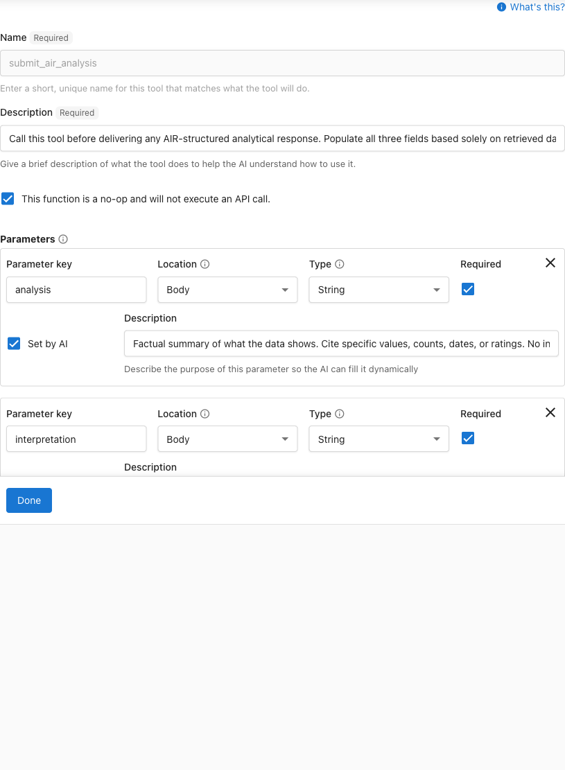 Tool configuration showing submit_air_analysis with analysis, interpretation, and recommendation parameters