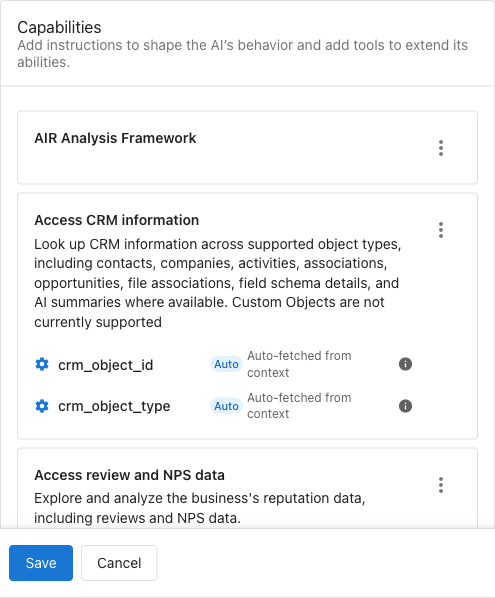 Capabilities section showing AIR Analysis Framework, Access CRM information, and Access review and NPS data