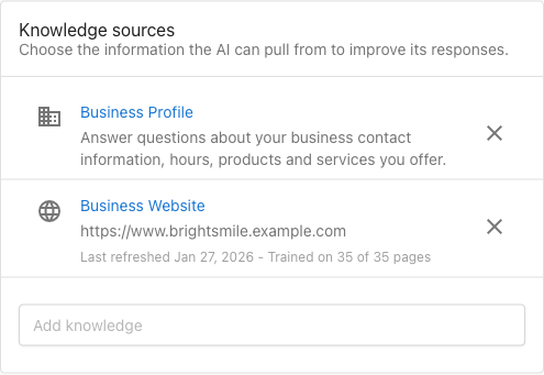 Knowledge sources section showing Business Profile and Business Website connected