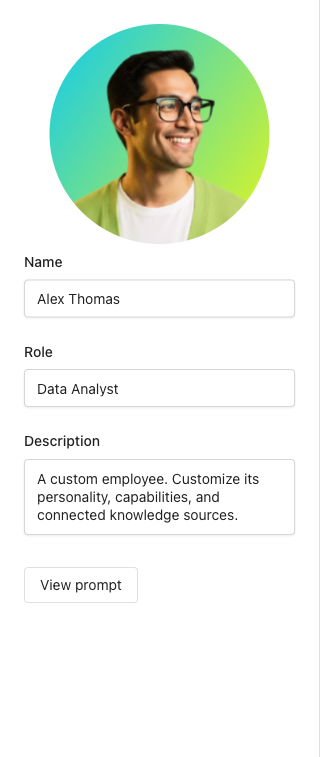 AI Employee profile section showing name, role, and avatar fields
