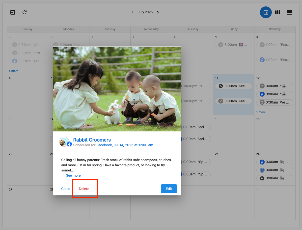 Delete a post in calendar view