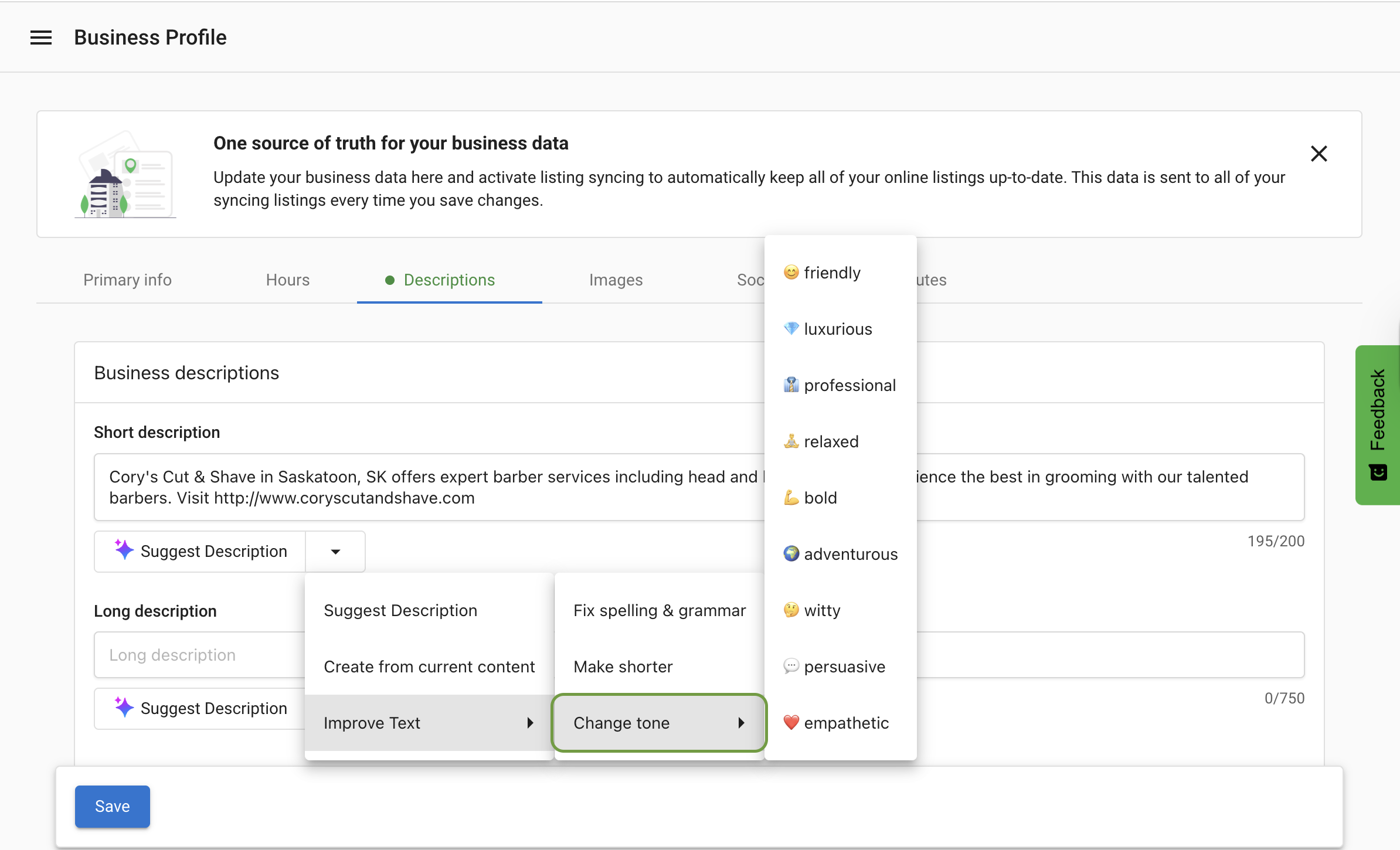 Tone options like friendly, professional, witty