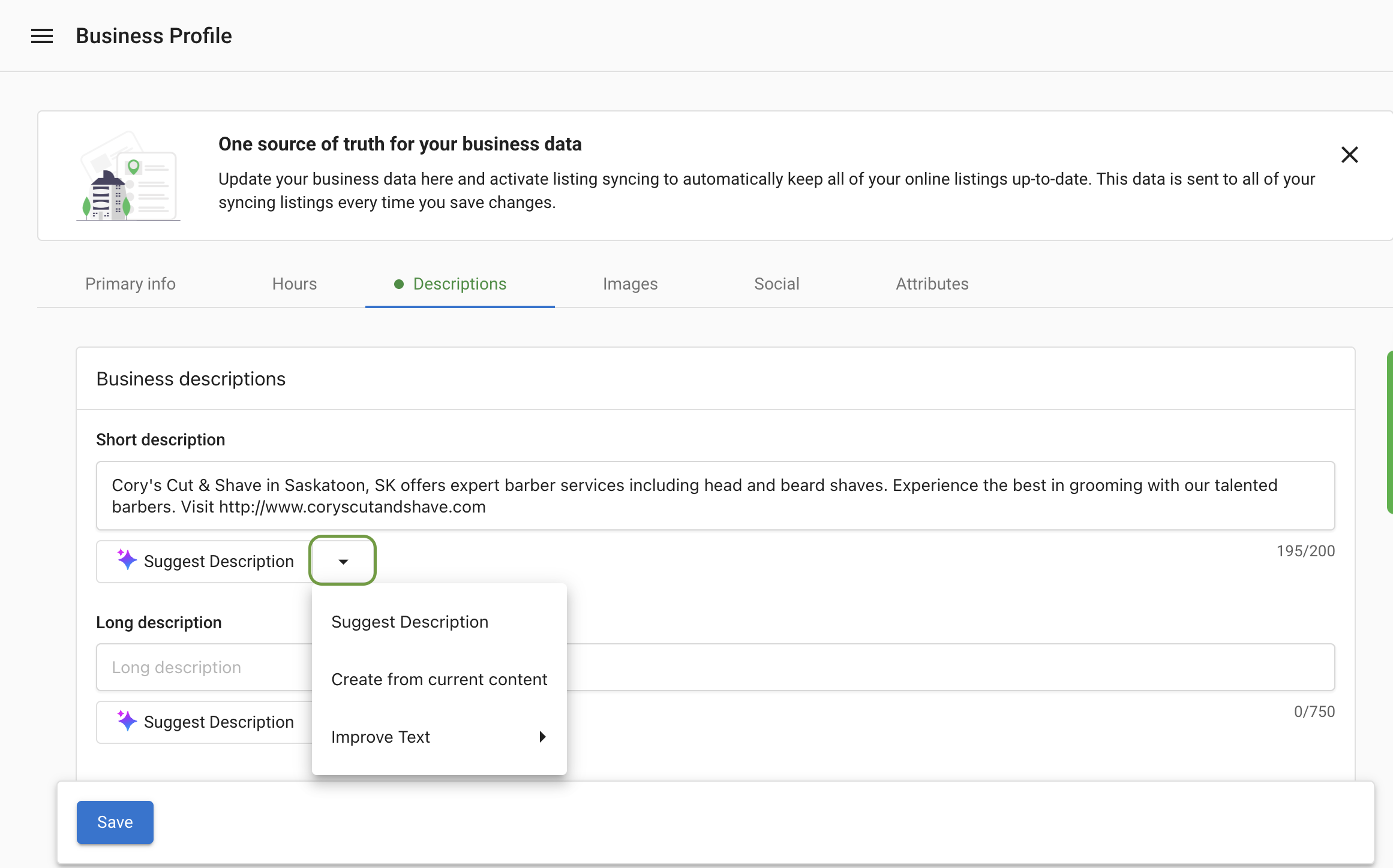 Description options menu including create from current content
