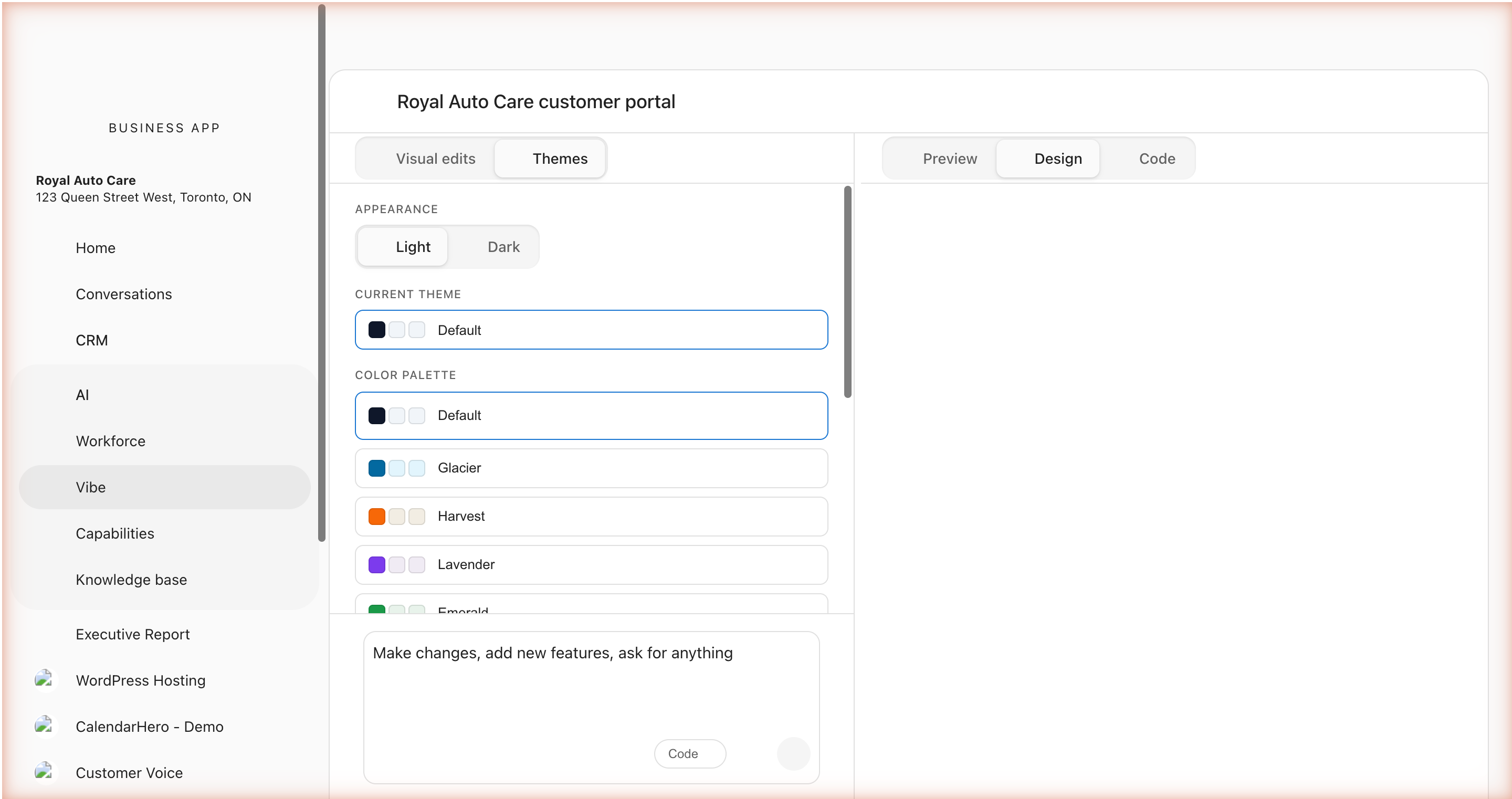 Design mode Themes tab with Light selected, Default theme active, and the color palette list (Default, Glacier, Harvest, Lavender, Emerald) on the left next to the live application preview.