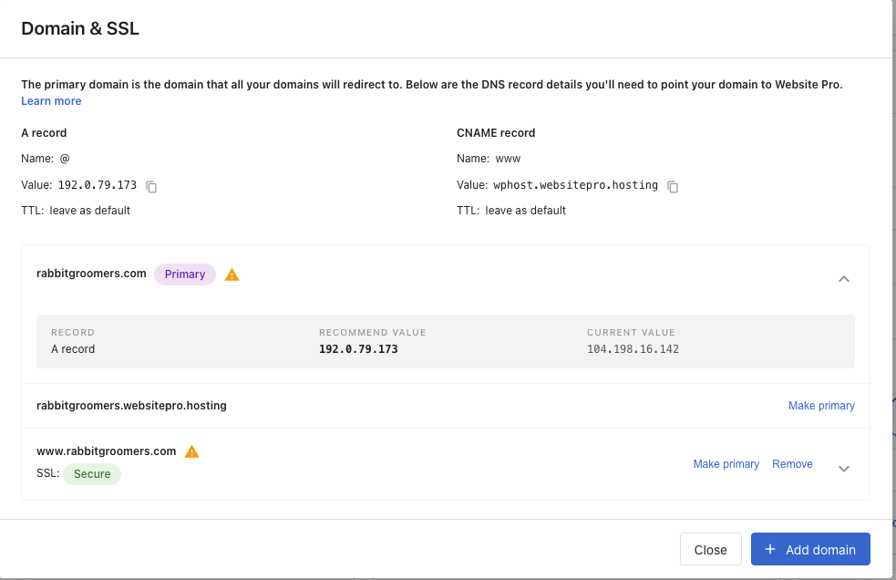 Domain &amp; SSL panel with a warning triangle beside two domains, and an expanded row comparing the recommended A record value against the domain's current value