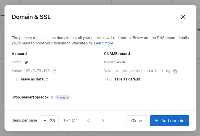 Domain & SSL panel with A record and CNAME record values, primary domain, and Add domain action