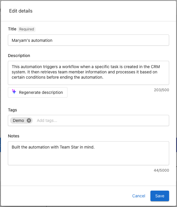 Edit details panel showing Title, Description, Tags, and Notes fields