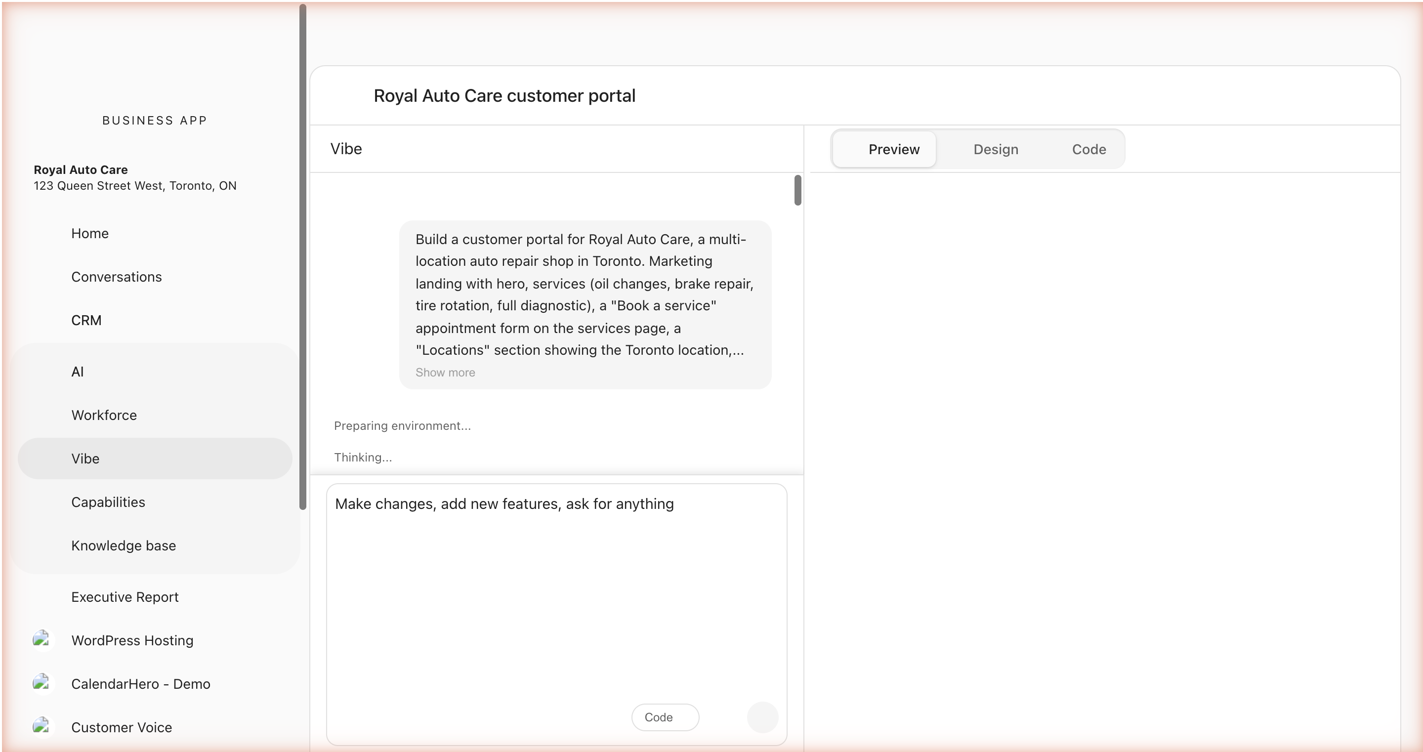 The Vibe editor with a generated app: chat panel on the left showing the COMPLETED summary, live preview of the generated marketing site on the right, and Preview/Design/Code mode tabs at the top.