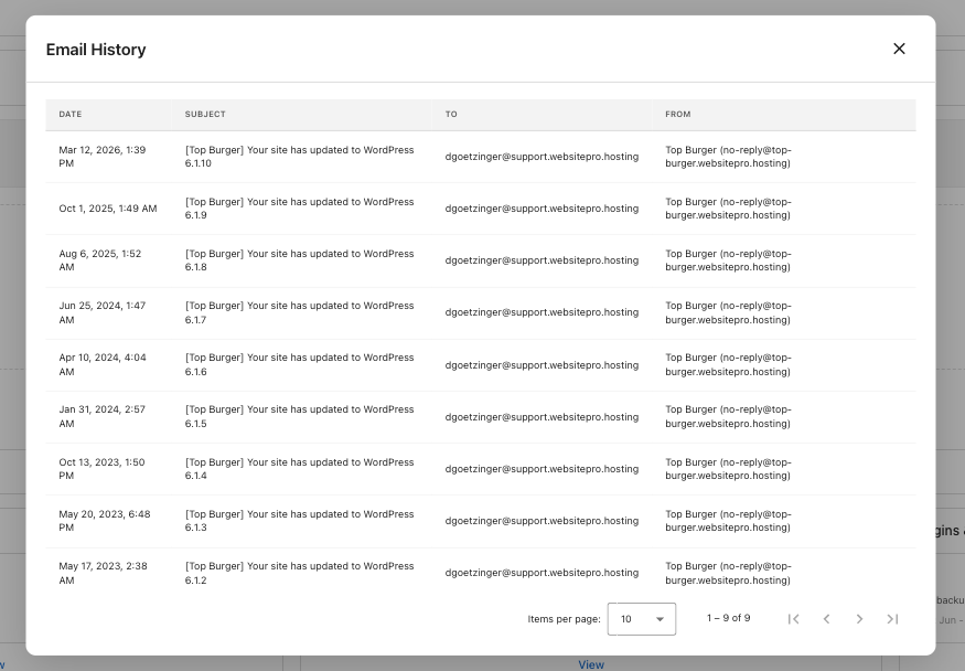 Email History panel with date, subject, to, and from columns