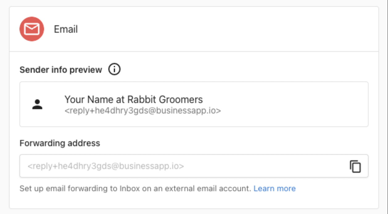Advanced email settings showing sender info preview and forwarding address