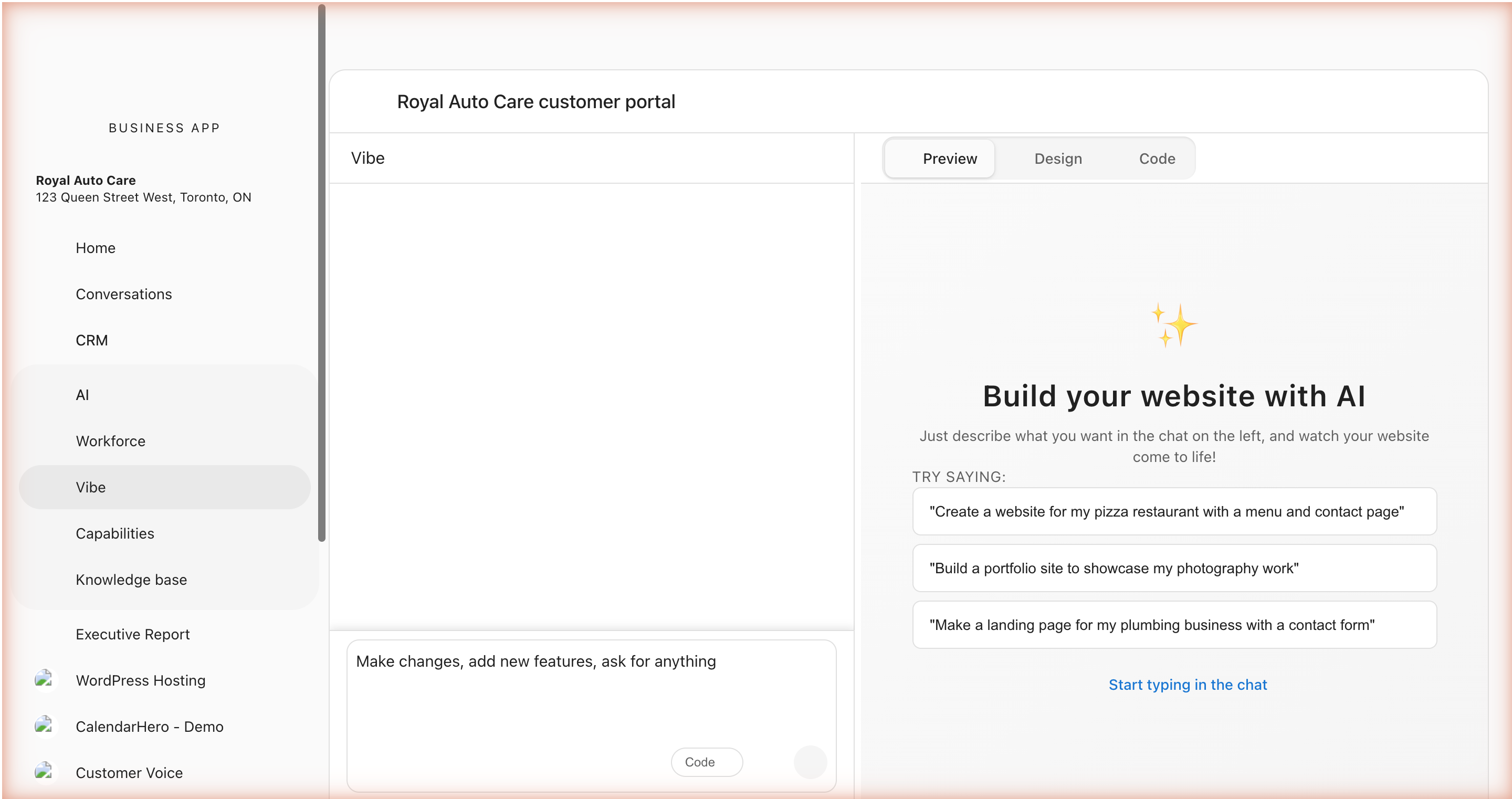 Newly created Vibe project — empty chat panel on the left, welcome state with example prompts on the right