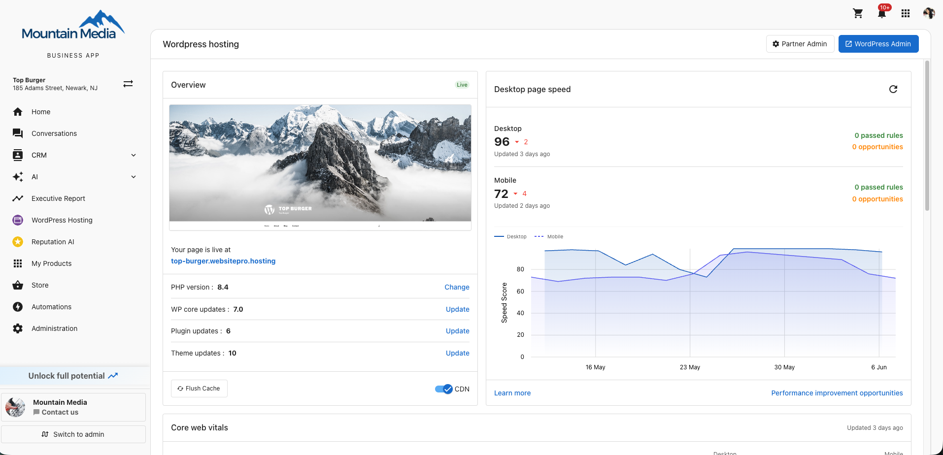 Enhanced Dashboard for a WordPress Hosting site, showing Overview and Desktop page speed cards