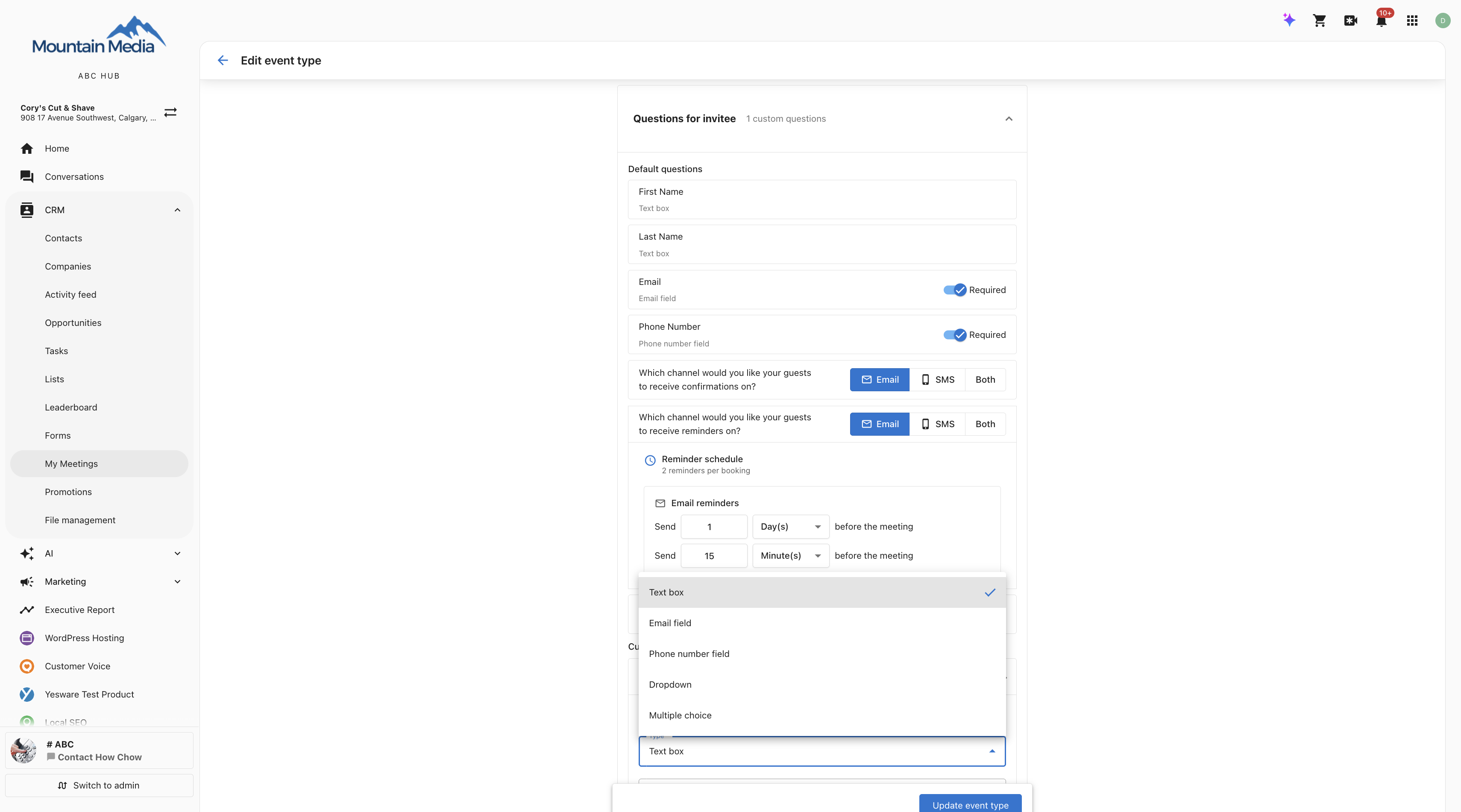 Questions for invitee section of the event type editor, showing the default questions, confirmation and reminder channels, reminder schedule, and custom question types