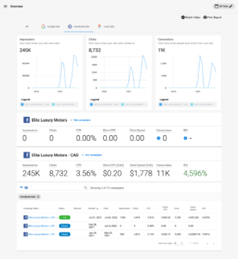 Screenshot showing Facebook Ads stats in the Overview page