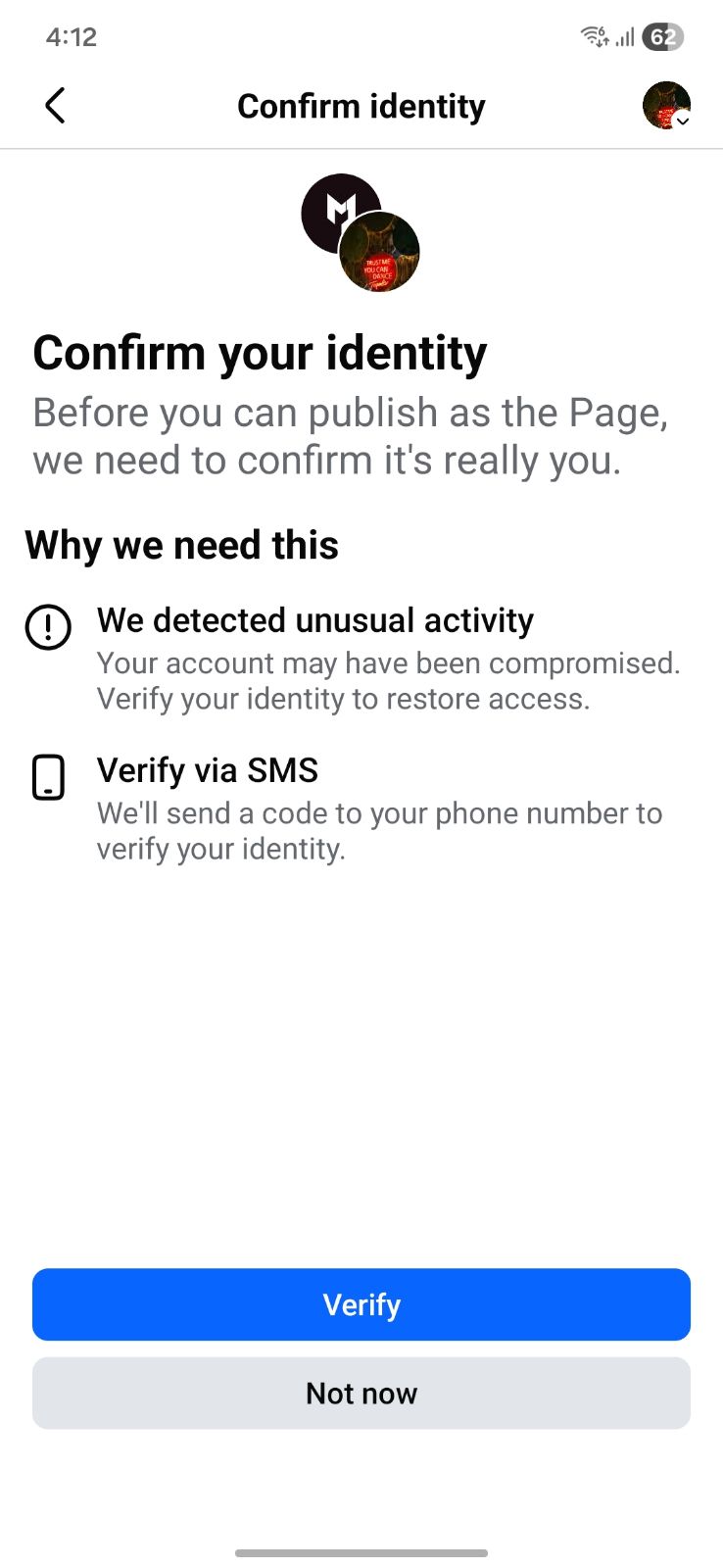 The Confirm your identity screen in the Facebook mobile app, explaining that unusual activity was detected and offering to verify via SMS